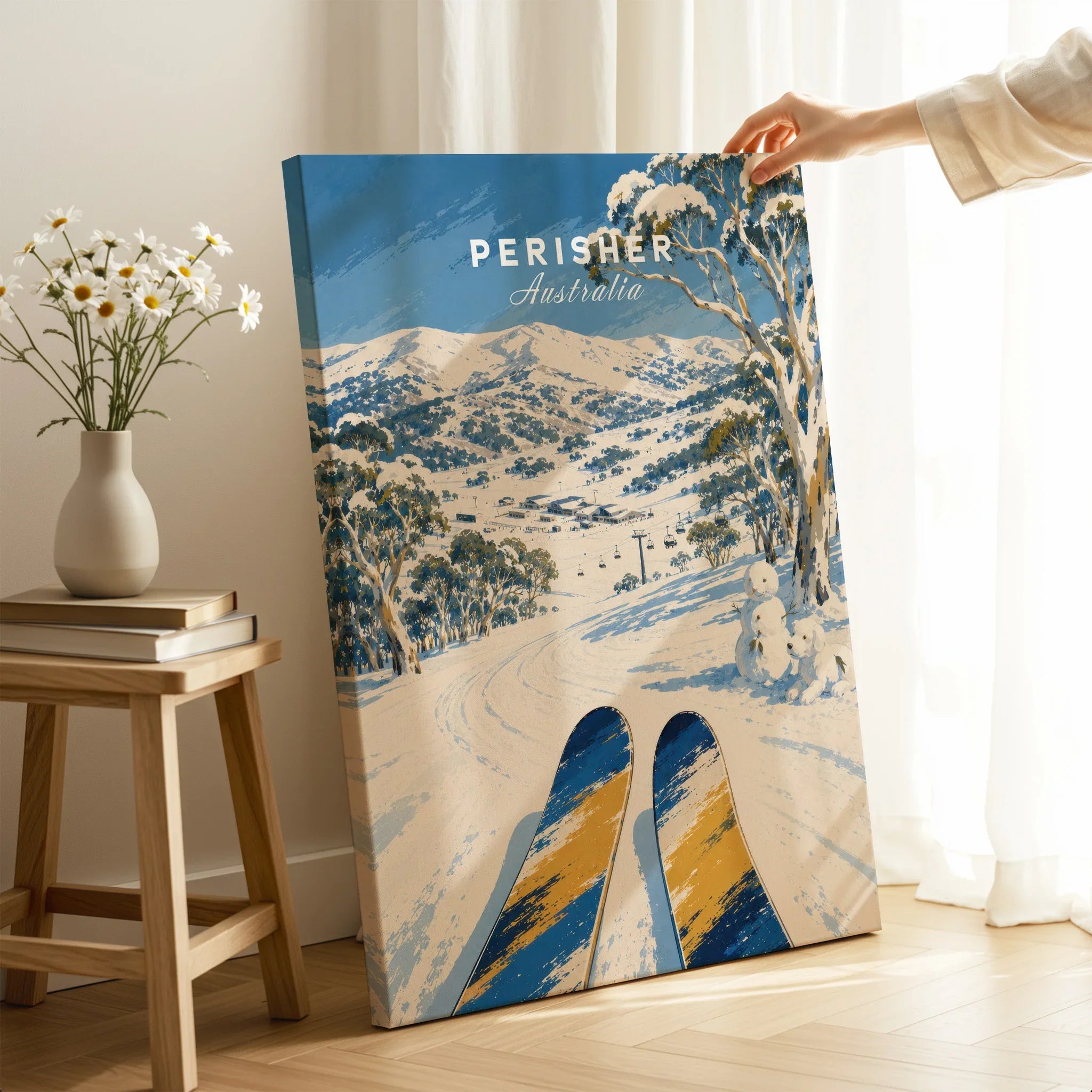 Perisher Australia Snowfields Travel Poster — canvas print mirror edge hand holding room setting