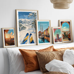 Perisher Australia Snowfields Travel Poster — set five framed artprints above bed natural wood frames