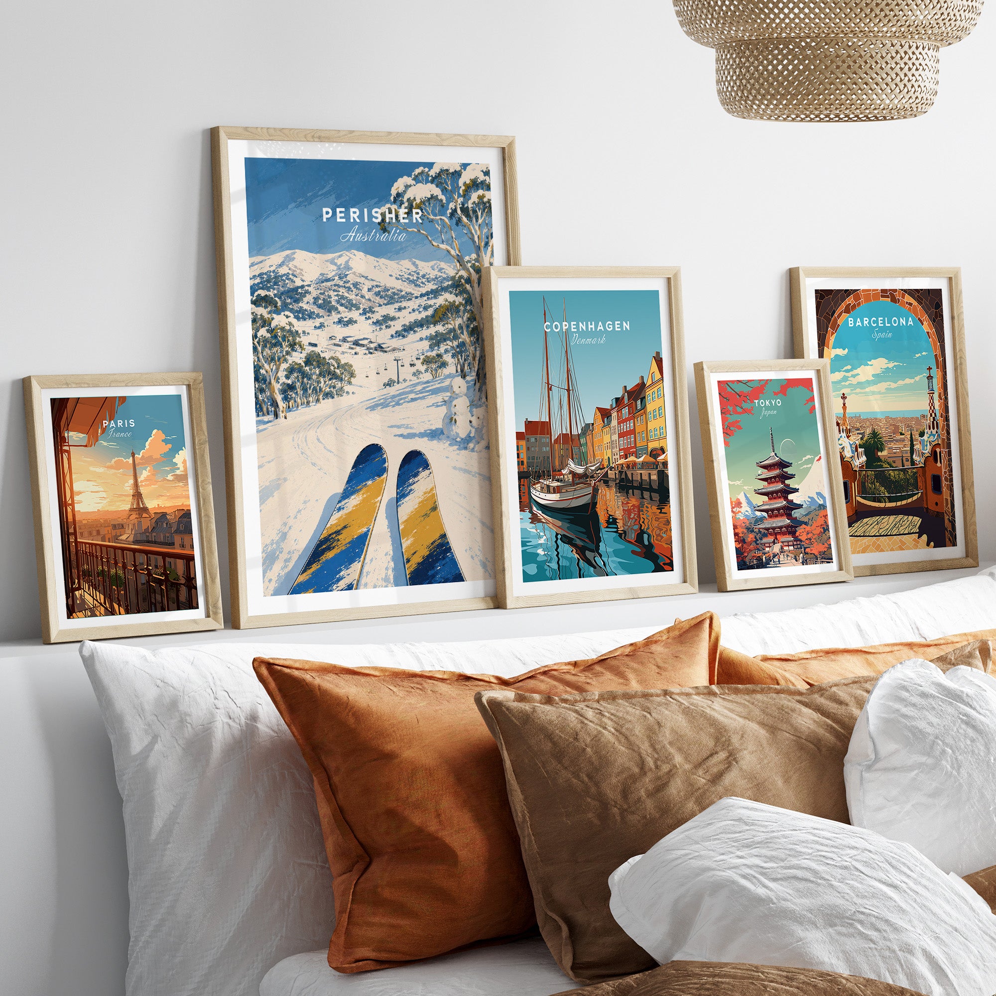 Perisher Australia Snowfields Travel Poster — set five framed artprints above bed natural wood frames