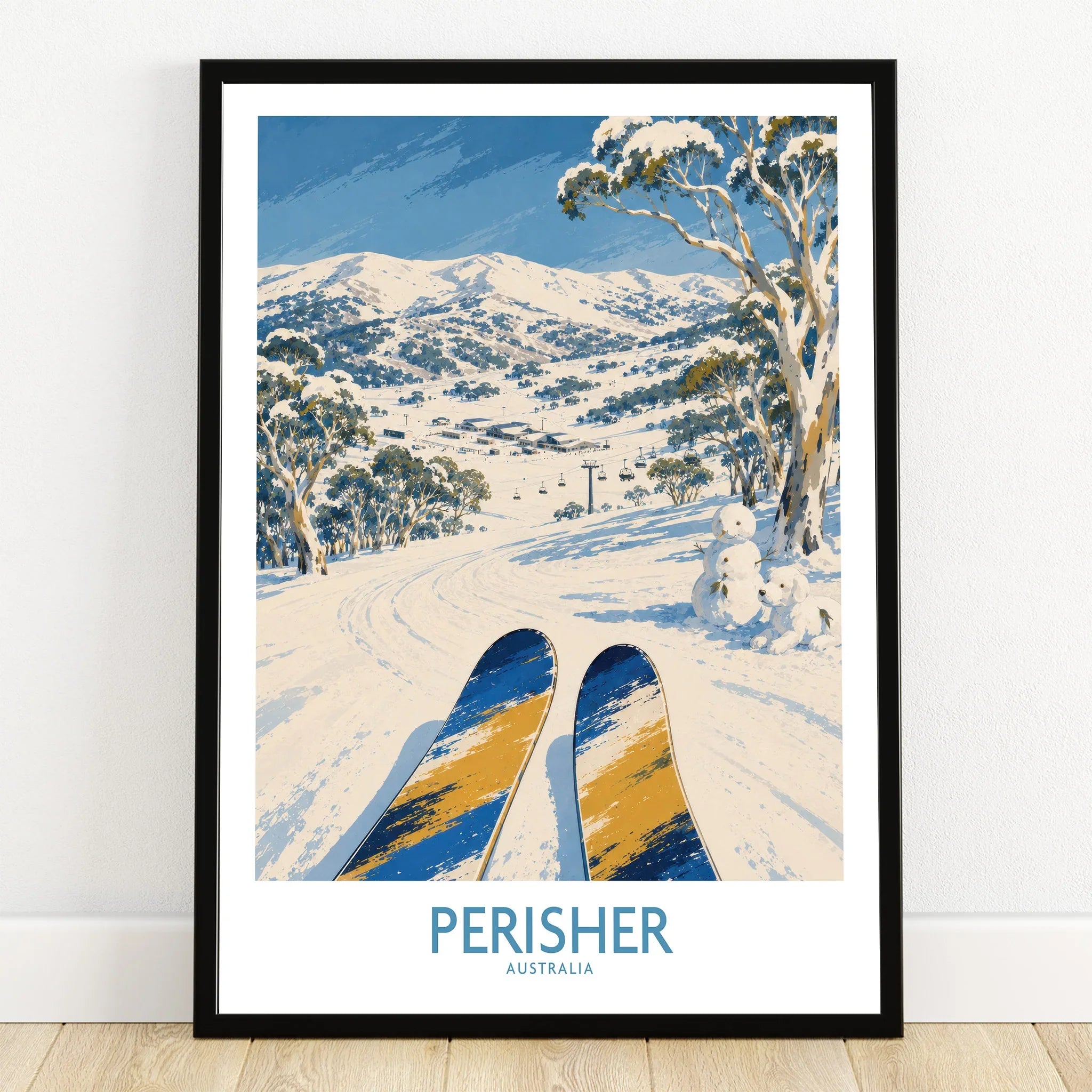 Perisher Australia Ski Run Wall Art — art print in black frame on wooden floor