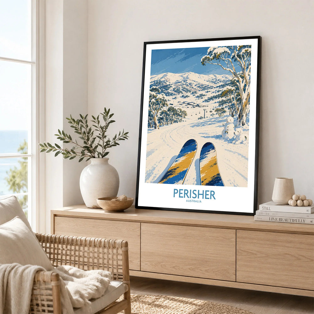 Perisher Australia Ski Run Wall Art — framed artwork living room lifestyle setting