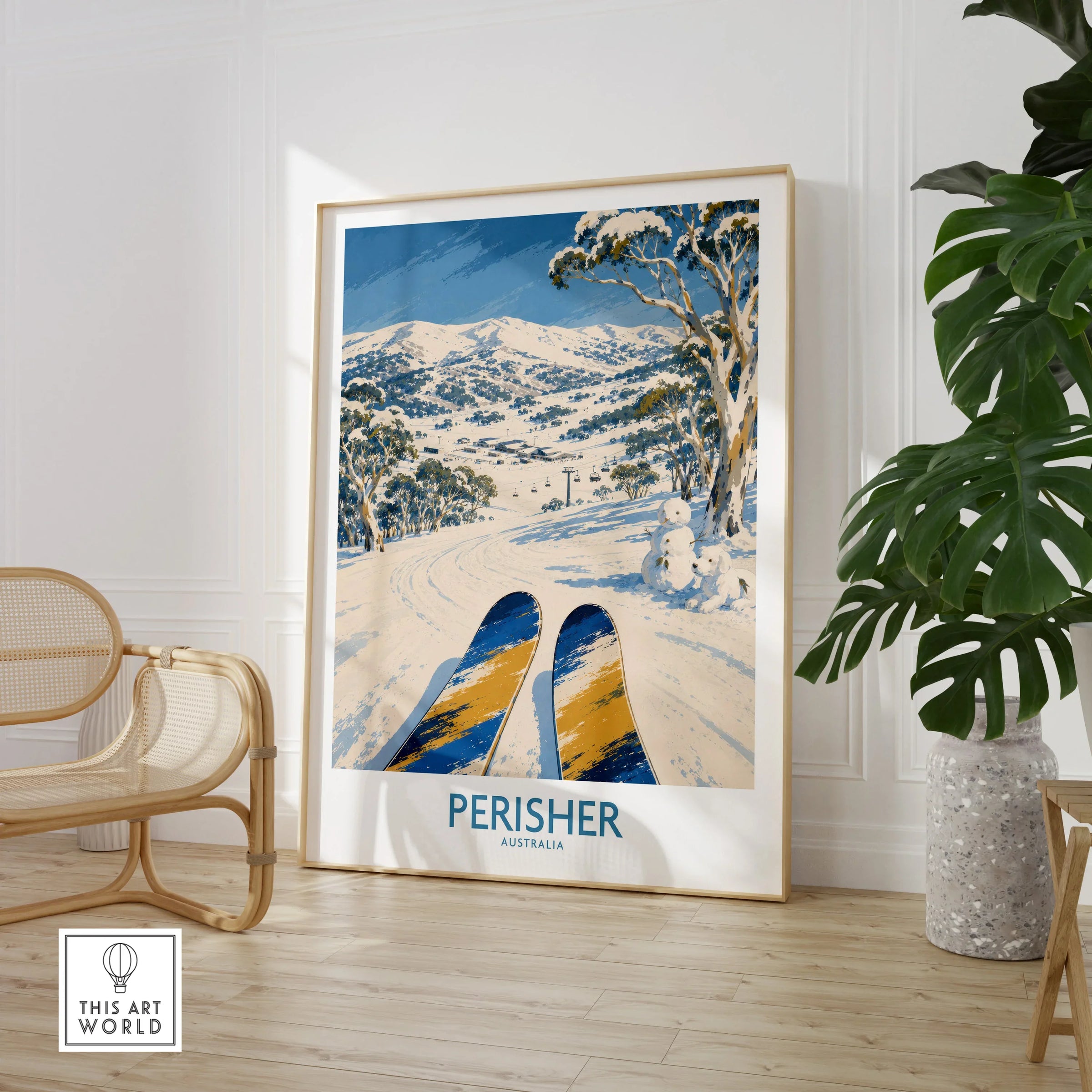Perisher Australia Ski Run Wall Art — large framed print room setting chair plant