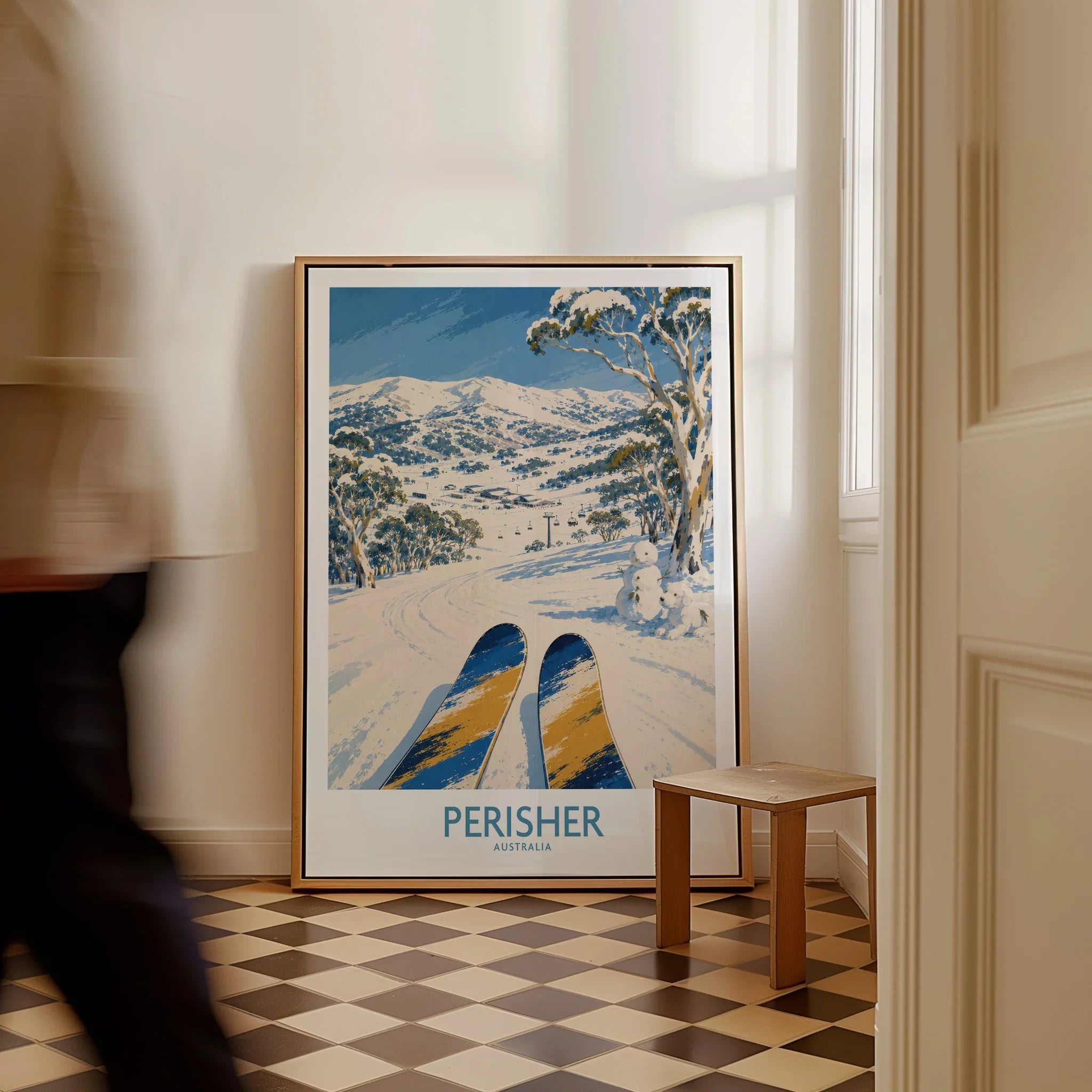 Perisher Australia Ski Run Wall Art — framed canvas on floor man walking past