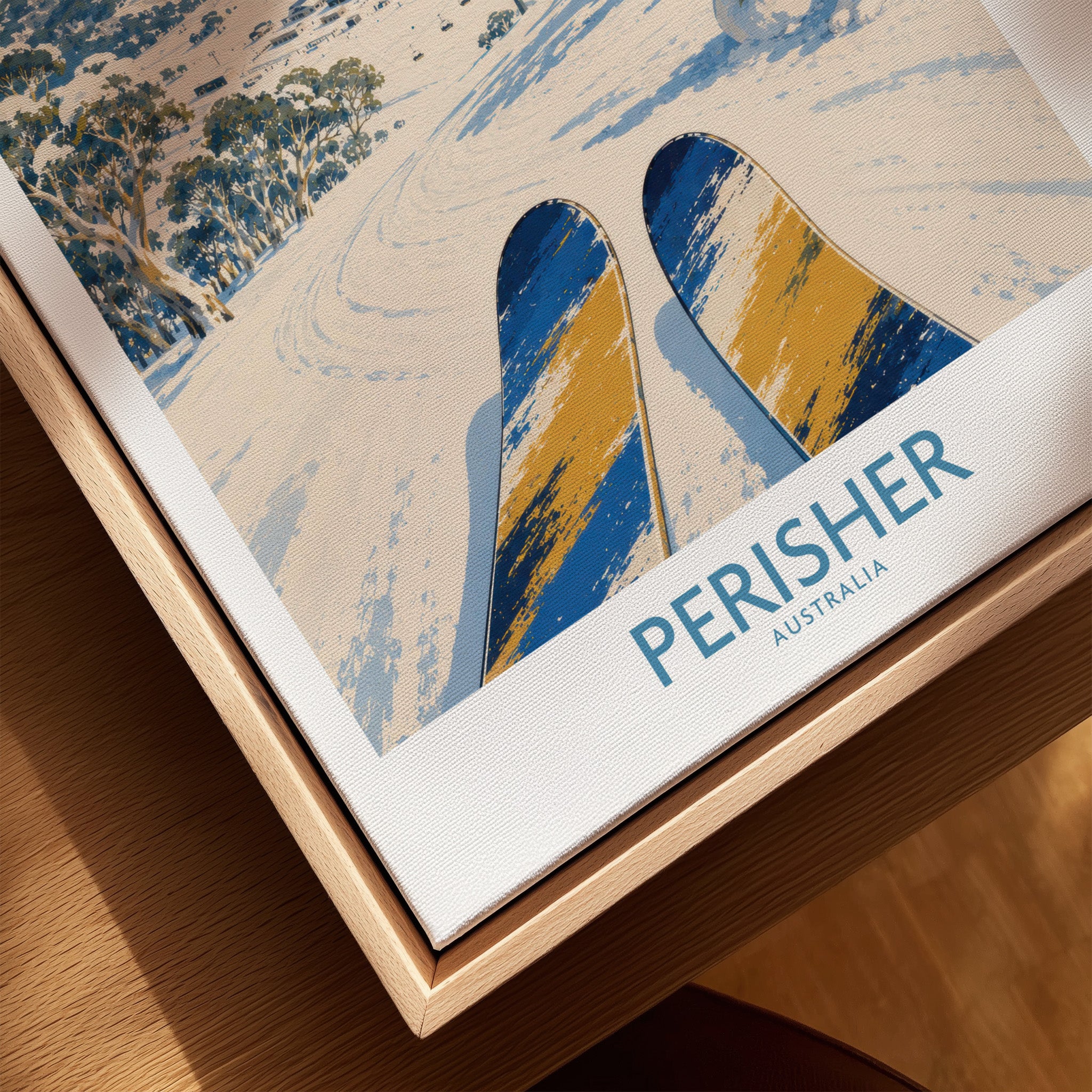 Perisher Australia Ski Run Wall Art — closeup framed canvas natural wood floating frame
