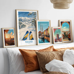 Perisher Australia Ski Run Wall Art — set five framed artprints above bed natural wood frames