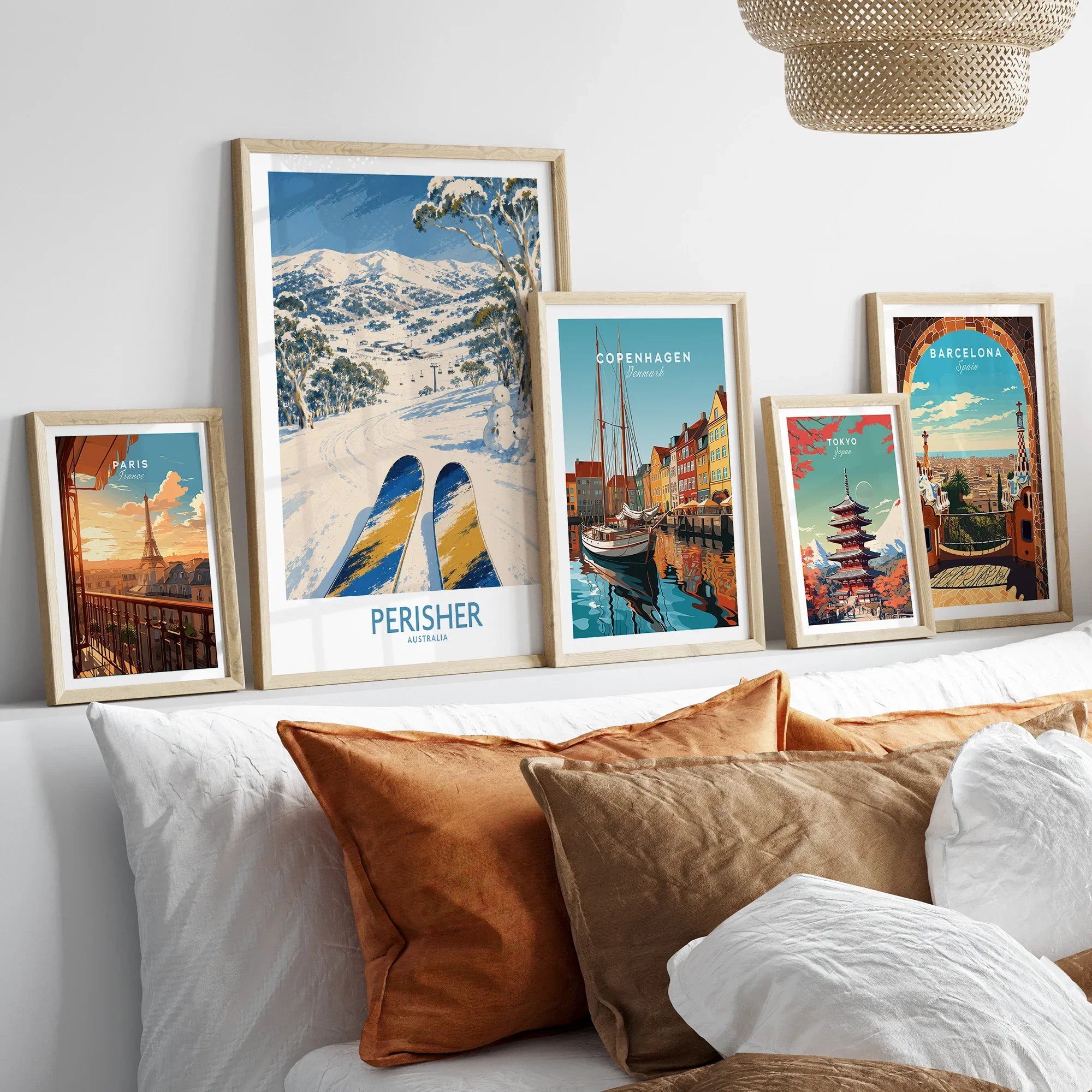Perisher Australia Ski Run Wall Art — set five framed artprints above bed natural wood frames