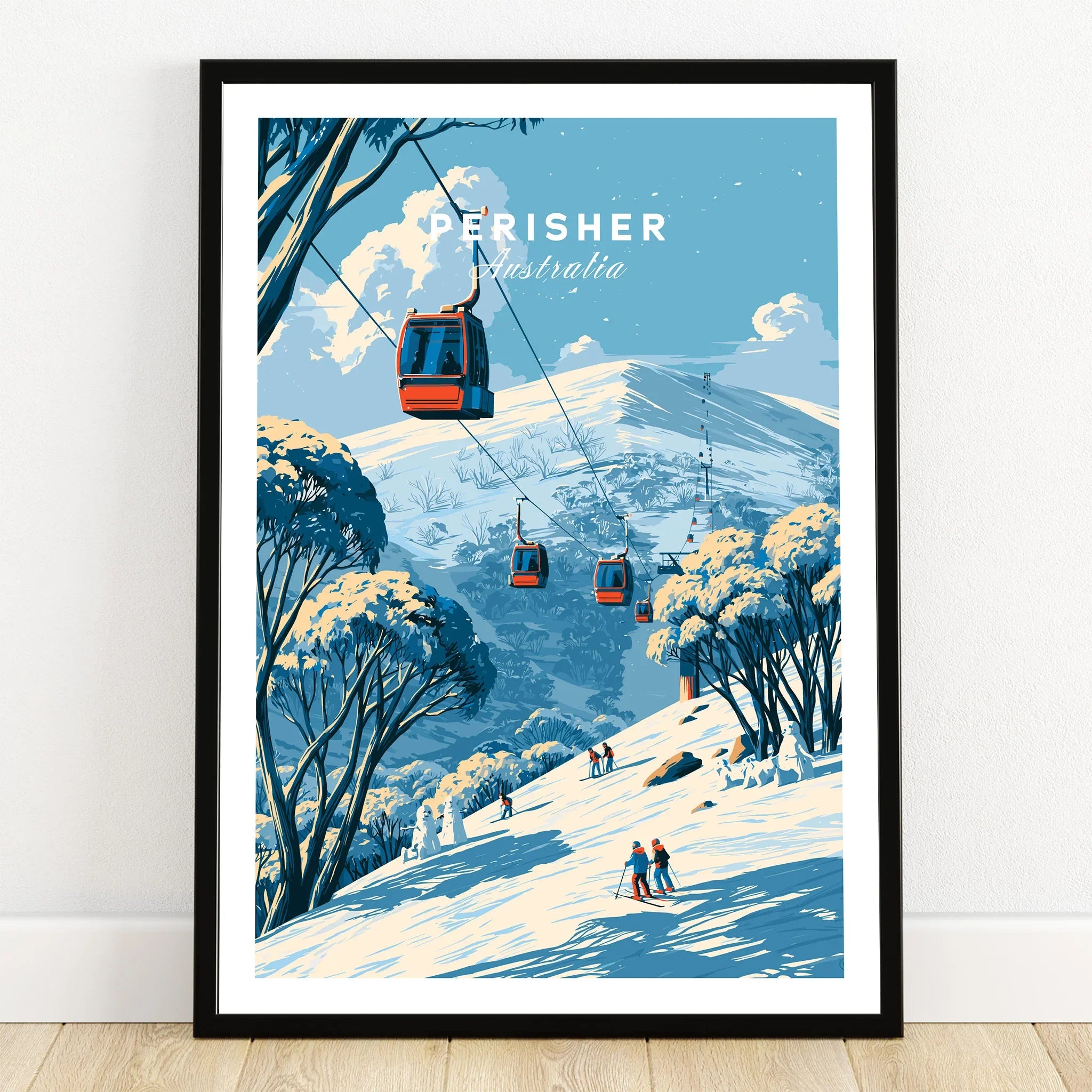 Perisher Australia Cable Car Travel Poster — art print in black frame on wooden floor