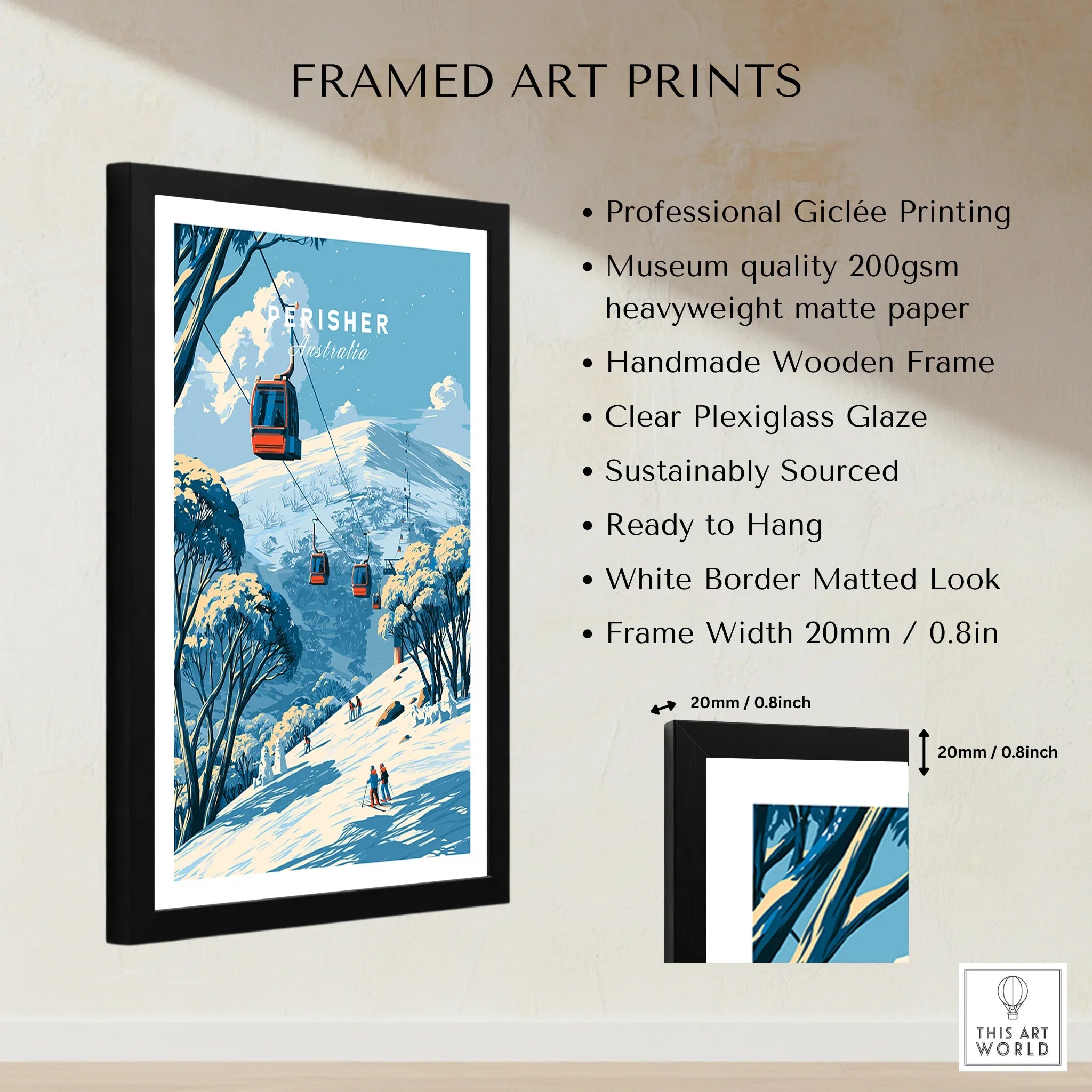 Perisher Australia Cable Car Travel Poster — framed print details measurements quality details