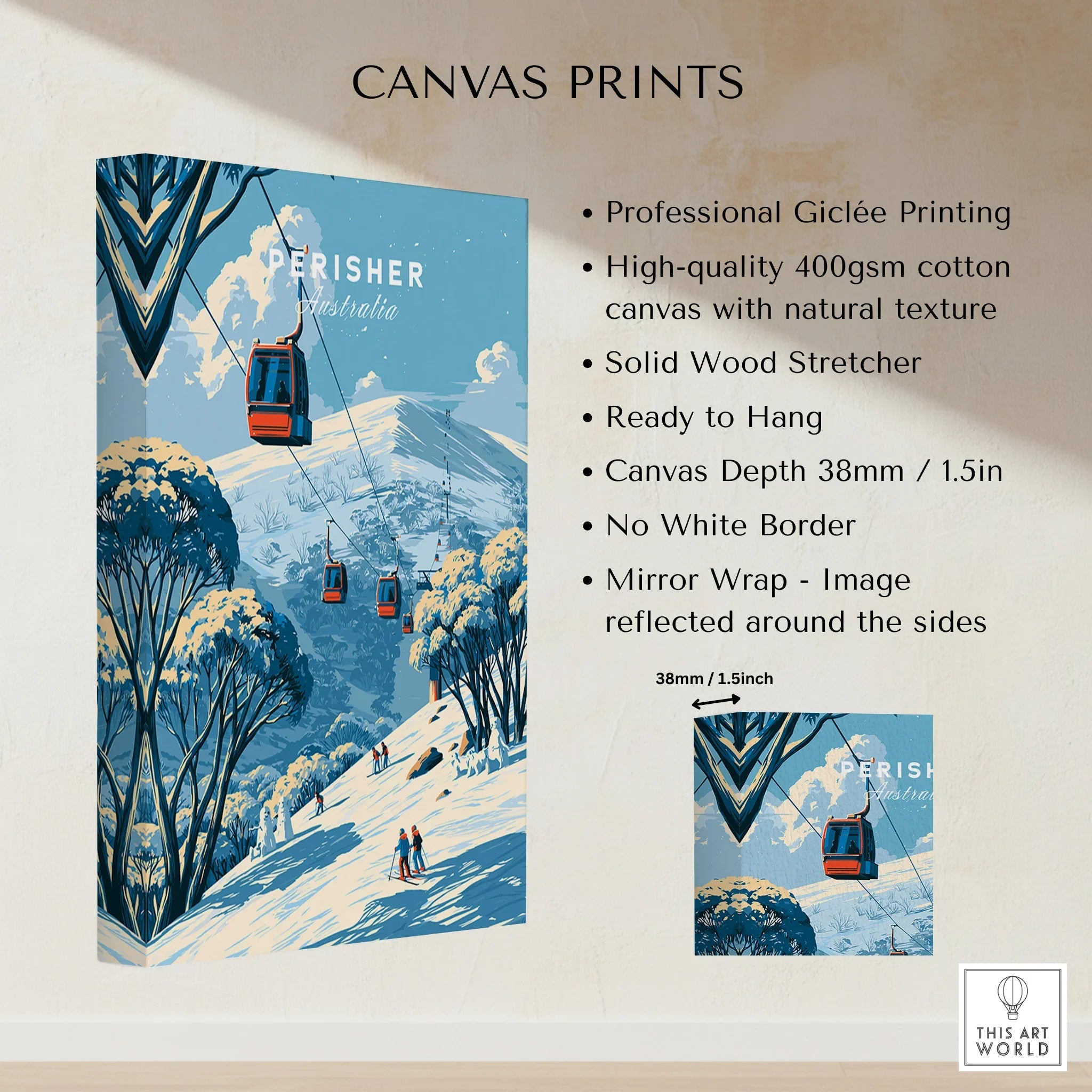 Perisher Australia Cable Car Travel Poster — canvas print stretched cotton canvas details