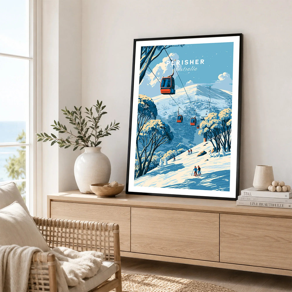 Perisher Australia Cable Car Travel Poster — framed artwork living room lifestyle setting