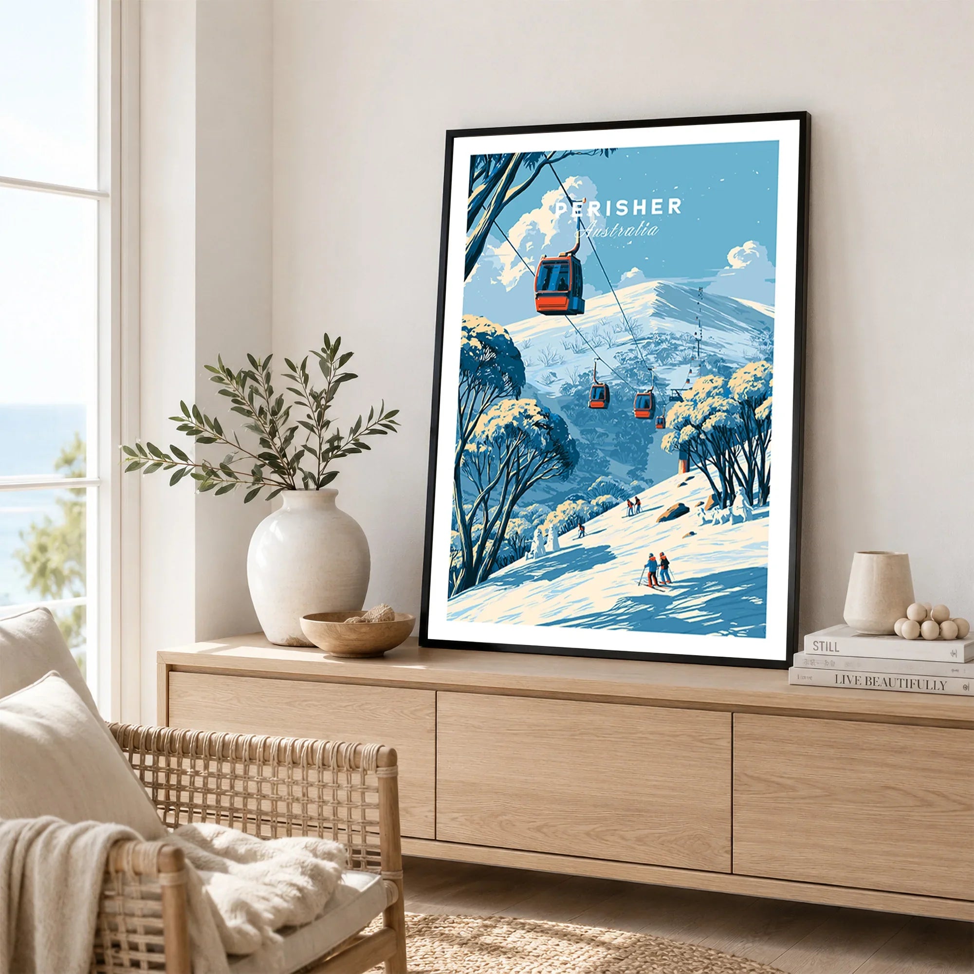 Perisher Australia Cable Car Travel Poster — framed artwork living room lifestyle setting