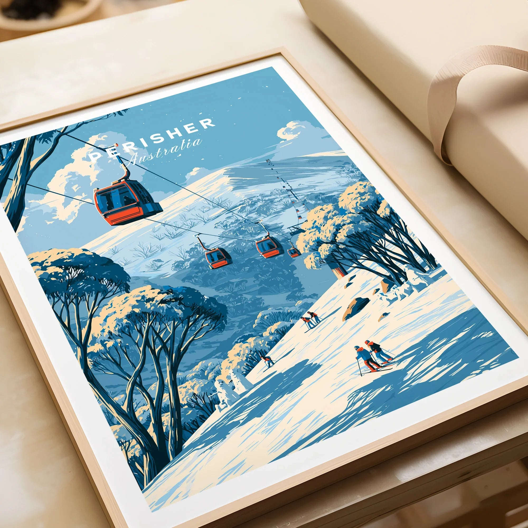 Perisher Australia Cable Car Travel Poster — framed art print closeup gift unwrapped natural frame