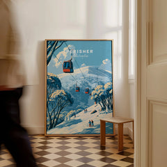 Perisher Australia Cable Car Travel Poster — framed canvas on floor man walking past