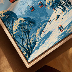 Perisher Australia Cable Car Travel Poster — closeup framed canvas natural wood floating frame