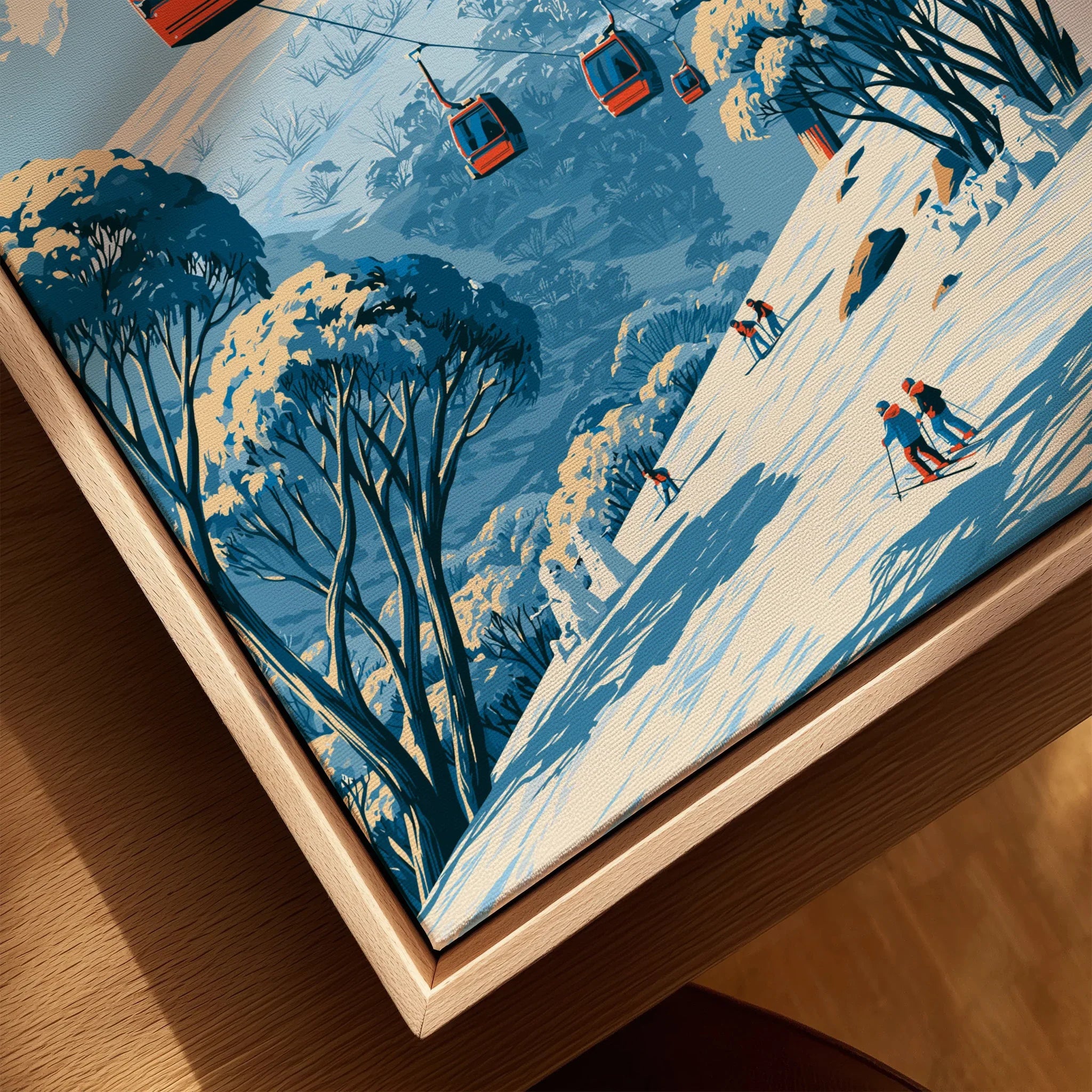 Perisher Australia Cable Car Travel Poster — closeup framed canvas natural wood floating frame