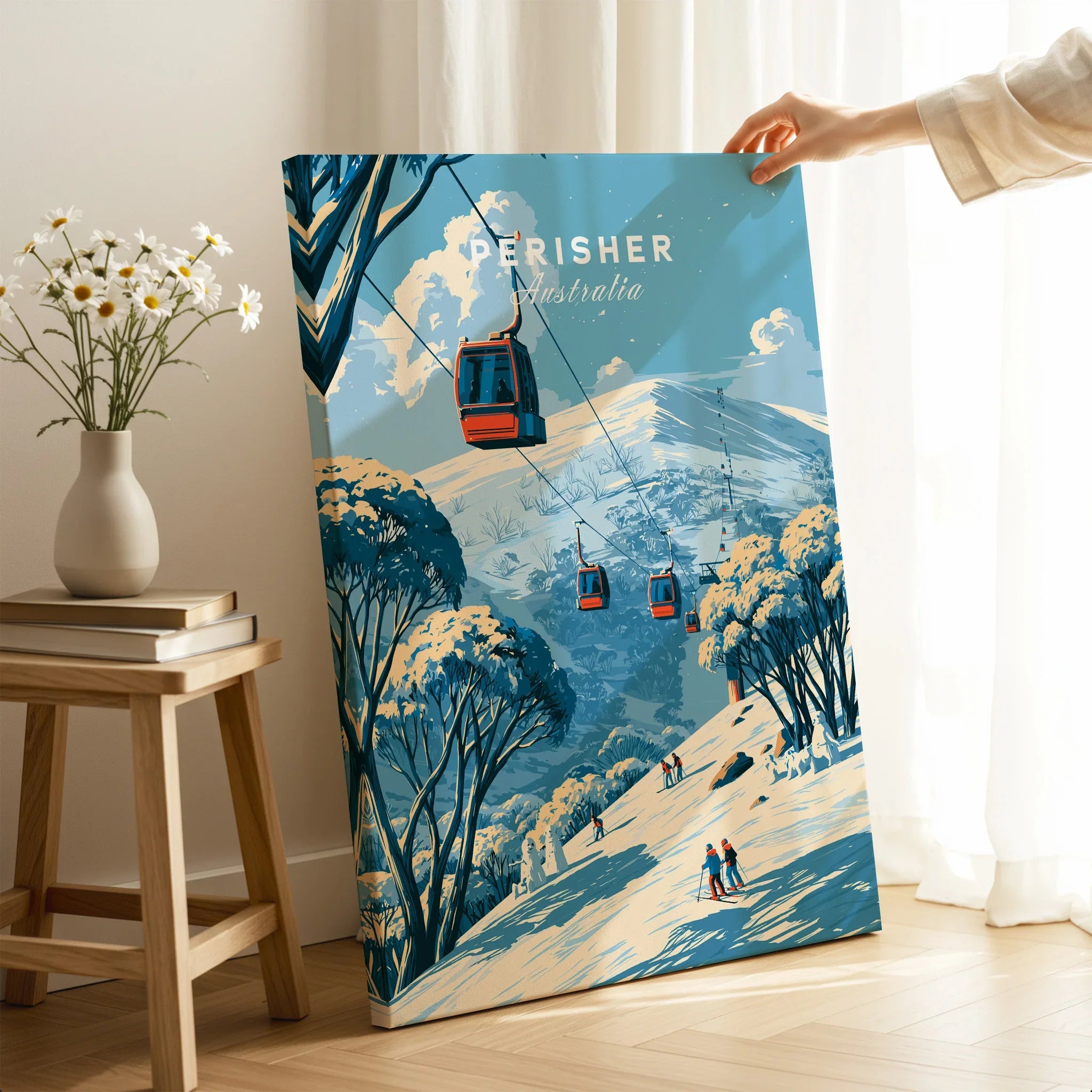 Perisher Australia Cable Car Travel Poster — canvas print mirror edge hand holding room setting