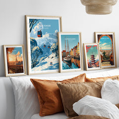 Perisher Australia Cable Car Travel Poster — set five framed artprints above bed natural wood frames