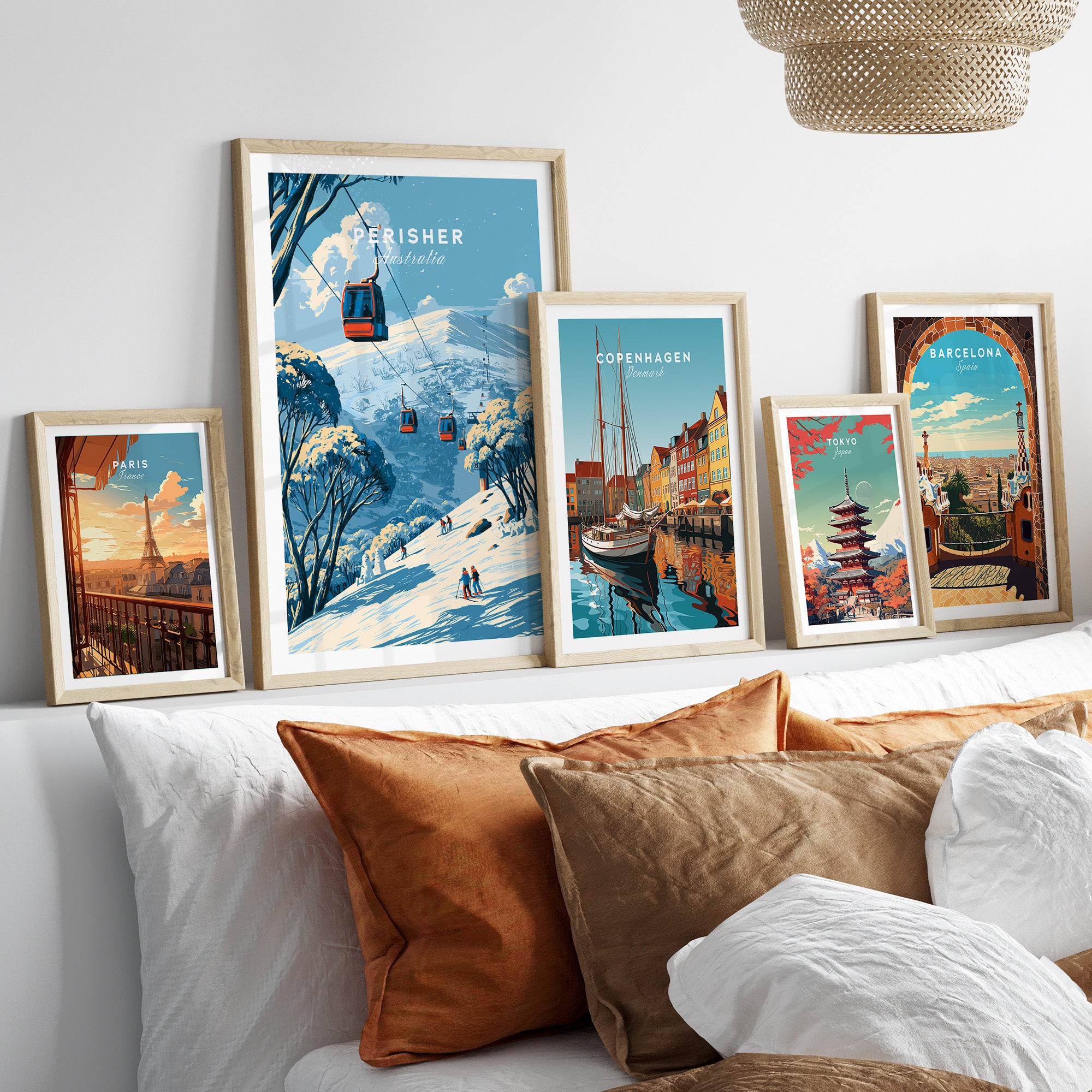 Perisher Australia Cable Car Travel Poster — set five framed artprints above bed natural wood frames