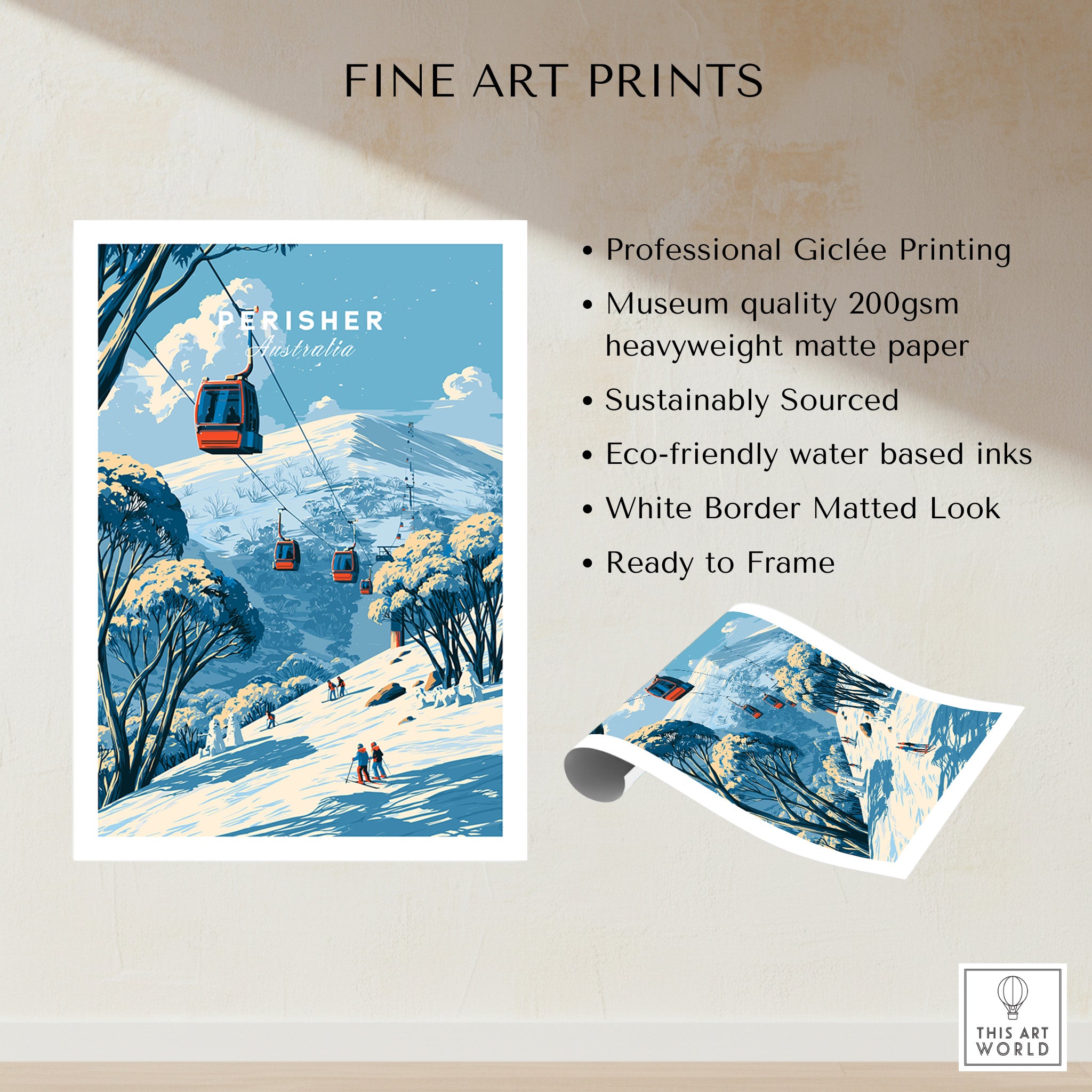 Perisher Australia Cable Car Travel Poster — fine art print unframed quality details