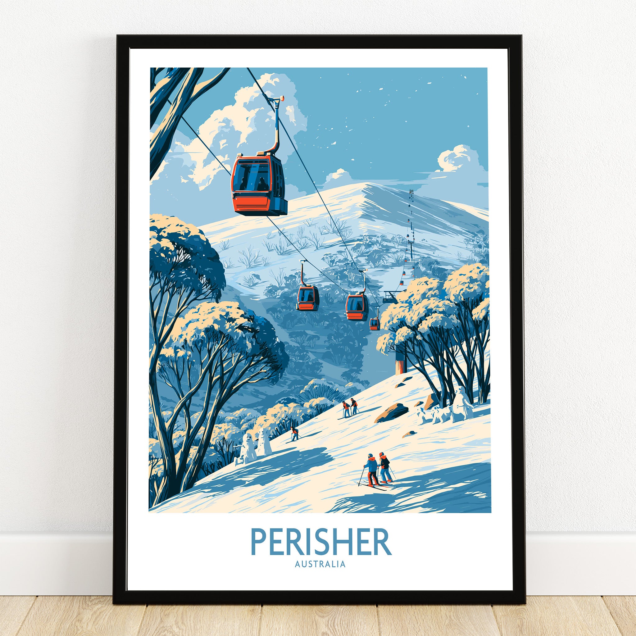 Perisher Australia Mountains Wall Art — art print in black frame on wooden floor