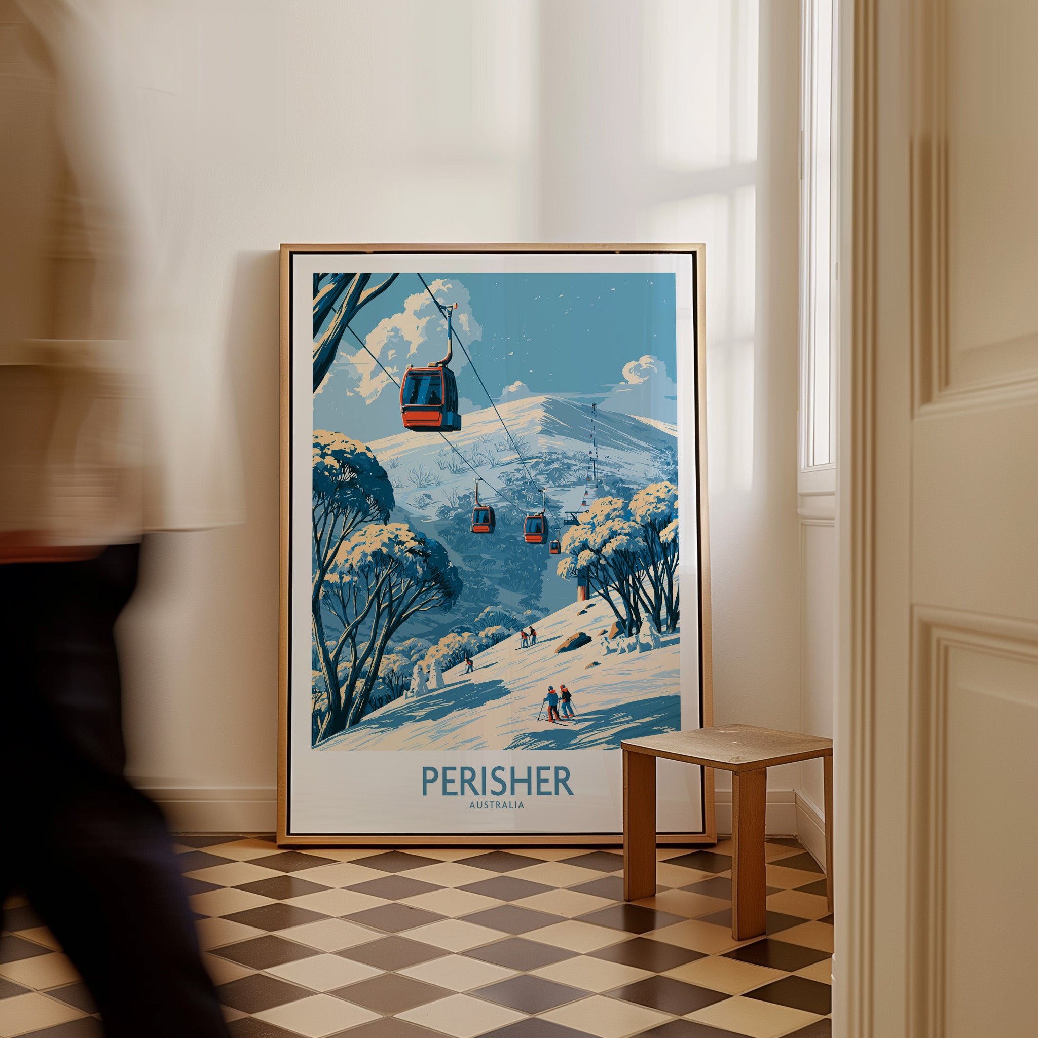 Perisher Australia Mountains Wall Art — framed canvas on floor man walking past