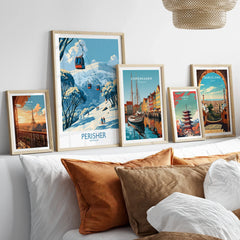 Perisher Australia Mountains Wall Art — set five framed artprints above bed natural wood frames