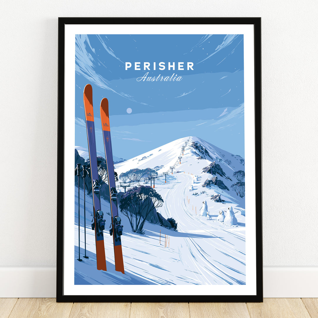 Perisher Australia Summit Travel Poster — art print in black frame on wooden floor