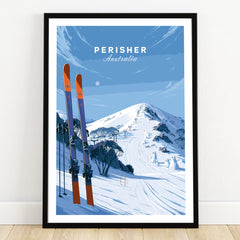 Perisher Australia Summit Travel Poster — art print in black frame on wooden floor