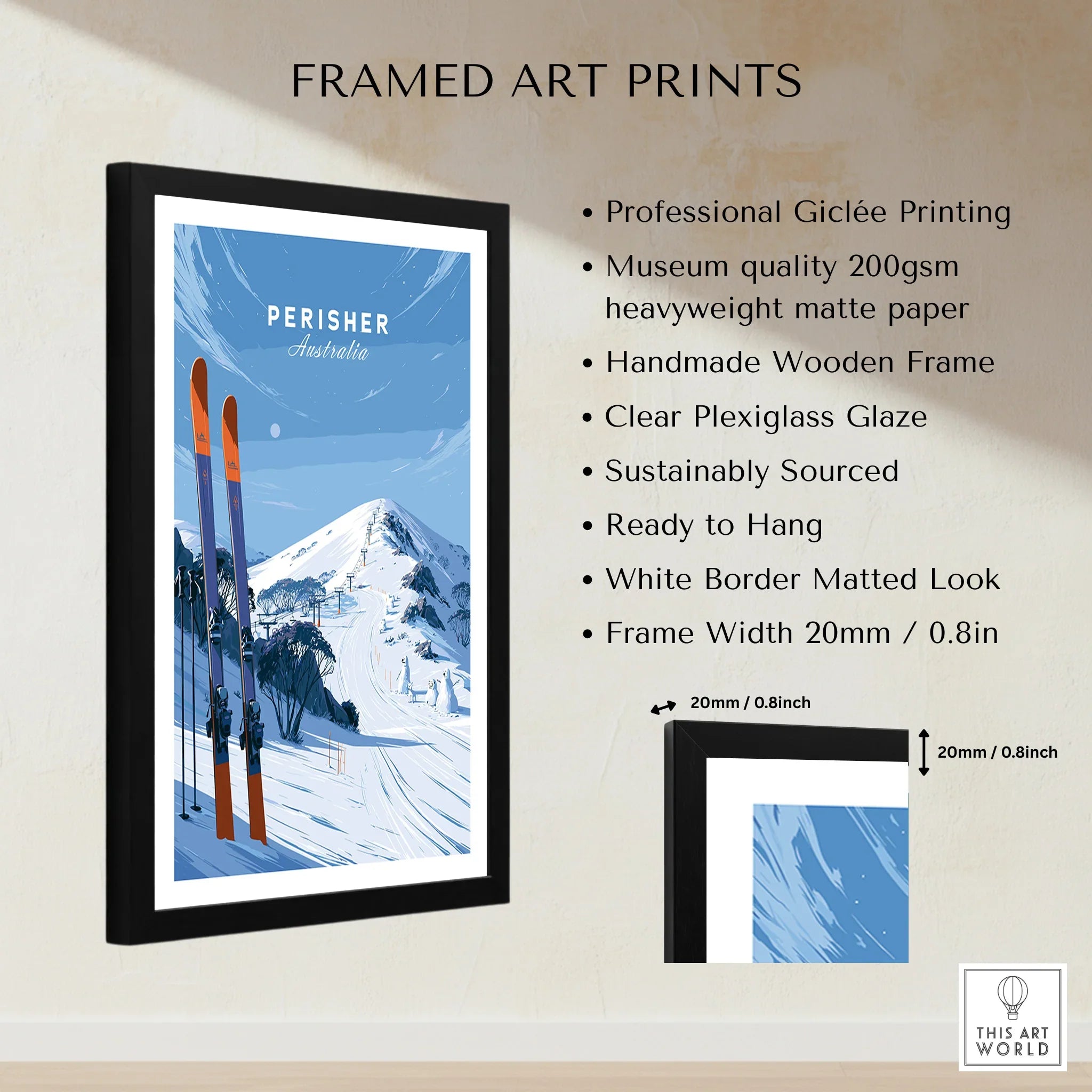 Perisher Australia Summit Travel Poster — framed print details measurements quality details