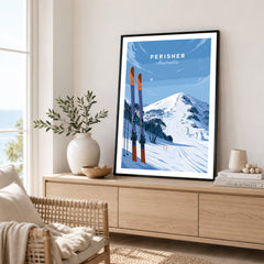 Perisher Australia Summit Travel Poster — framed artwork living room lifestyle setting