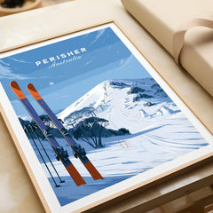 Perisher Australia Summit Travel Poster — framed art print closeup gift unwrapped natural frame