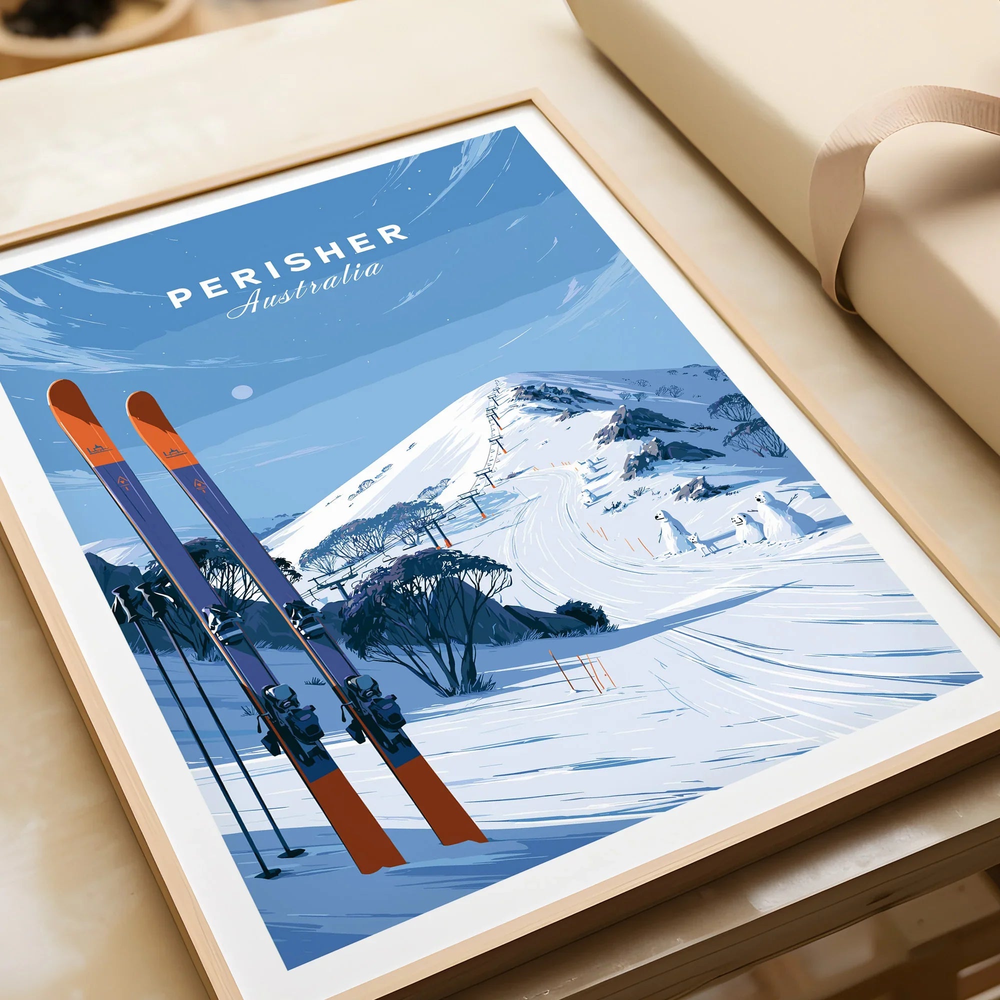 Perisher Australia Summit Travel Poster — framed art print closeup gift unwrapped natural frame