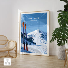 Perisher Australia Summit Travel Poster — large framed print room setting chair plant