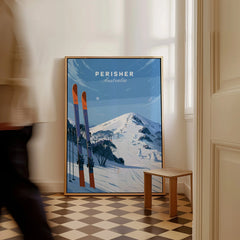 Perisher Australia Summit Travel Poster — framed canvas on floor man walking past