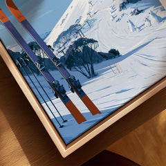 Perisher Australia Summit Travel Poster — closeup framed canvas natural wood floating frame
