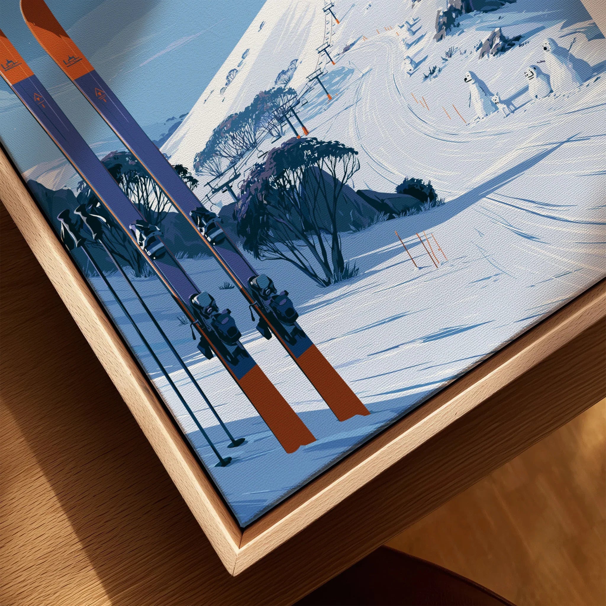 Perisher Australia Summit Travel Poster — closeup framed canvas natural wood floating frame