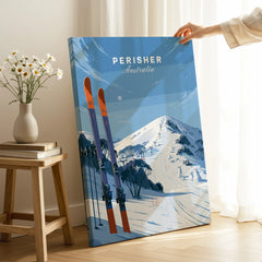 Perisher Australia Summit Travel Poster — canvas print mirror edge hand holding room setting