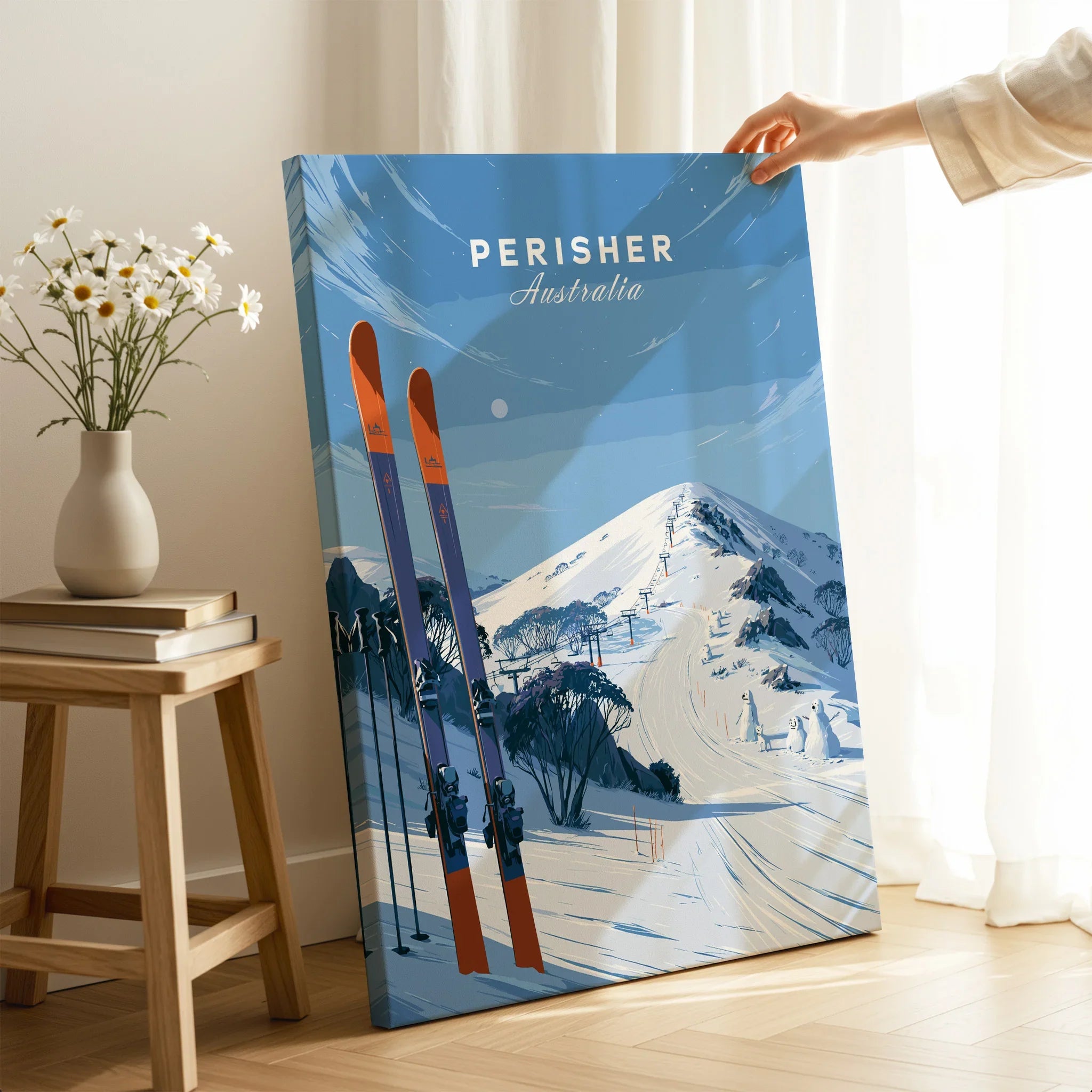 Perisher Australia Summit Travel Poster — canvas print mirror edge hand holding room setting
