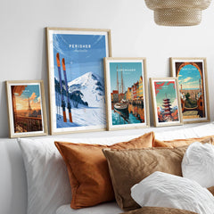 Perisher Australia Summit Travel Poster — set five framed artprints above bed natural wood frames