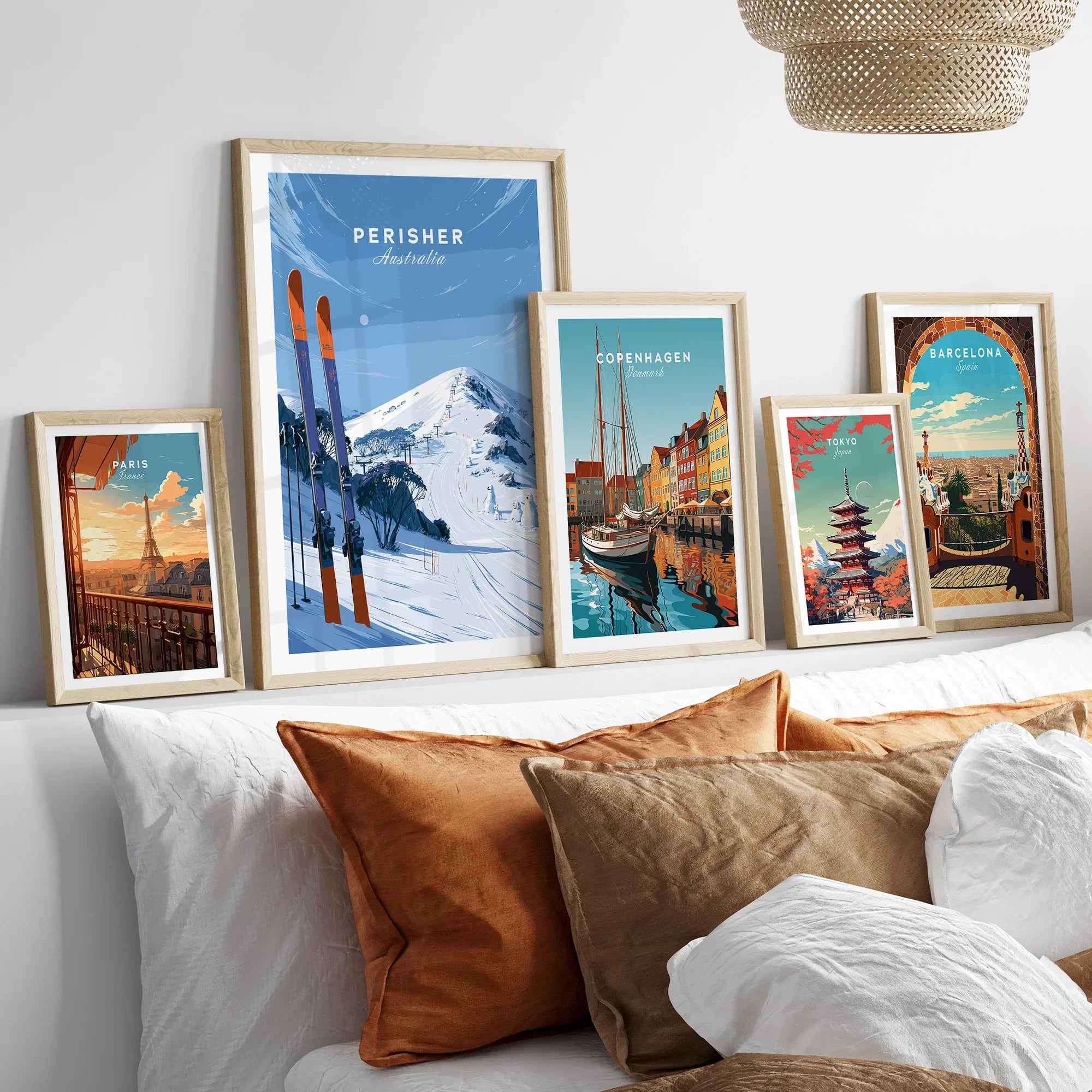 Perisher Australia Summit Travel Poster — set five framed artprints above bed natural wood frames