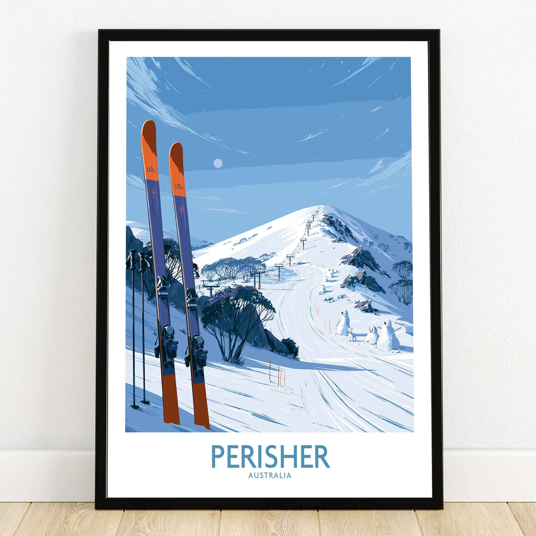 Perisher Australia Ski Slopes Wall Art — art print in black frame on wooden floor