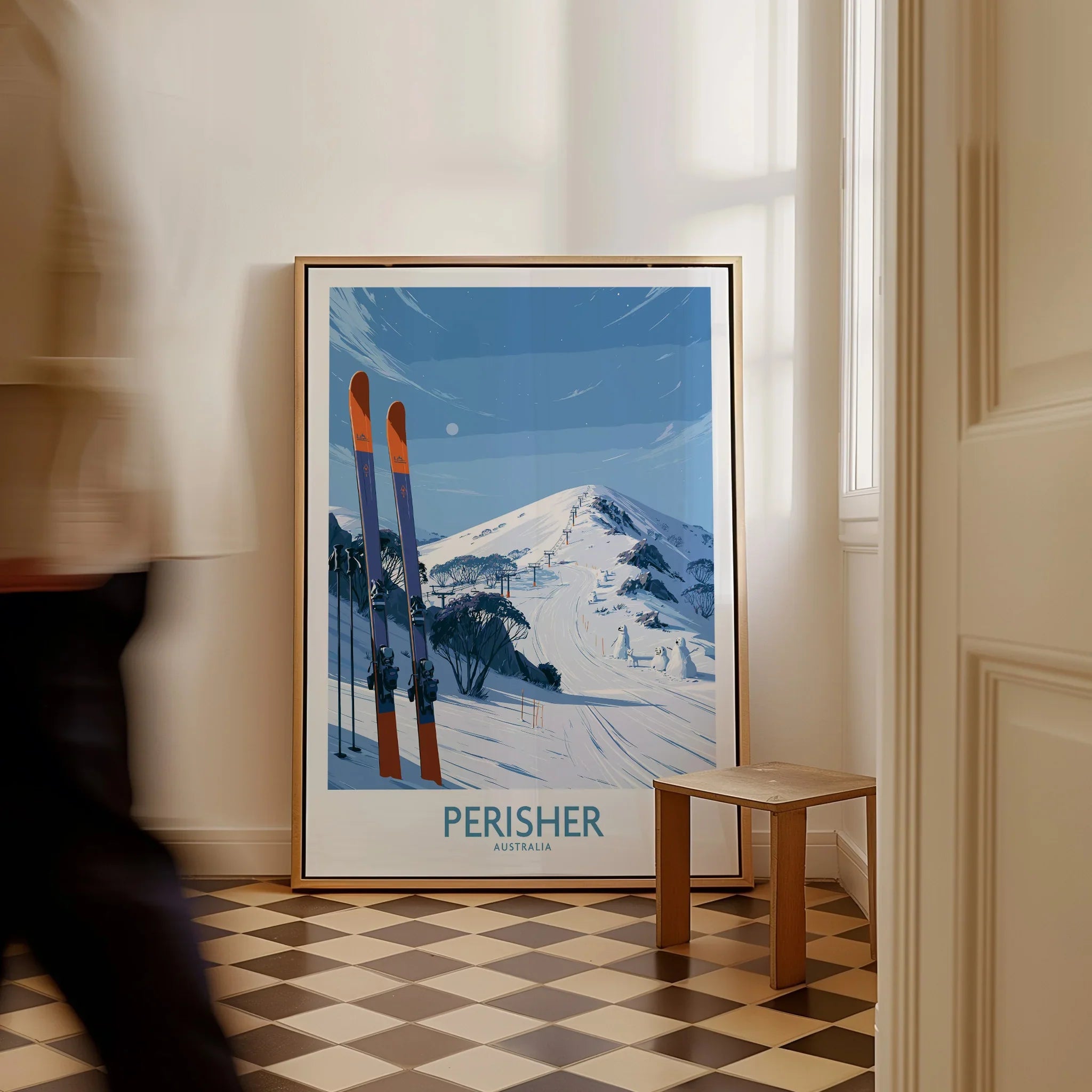 Perisher Australia Ski Slopes Wall Art — framed canvas on floor man walking past