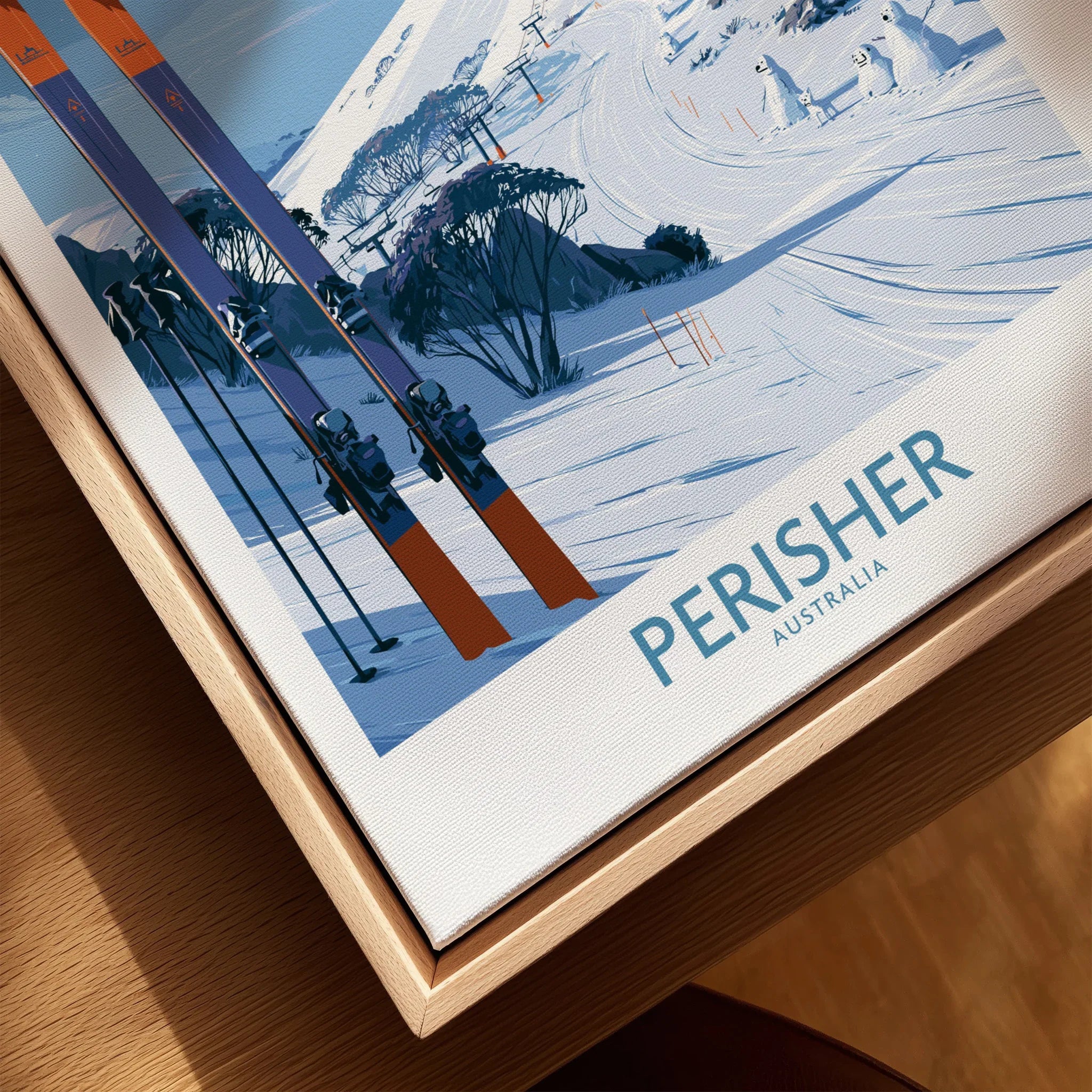 Perisher Australia Ski Slopes Wall Art — closeup framed canvas natural wood floating frame
