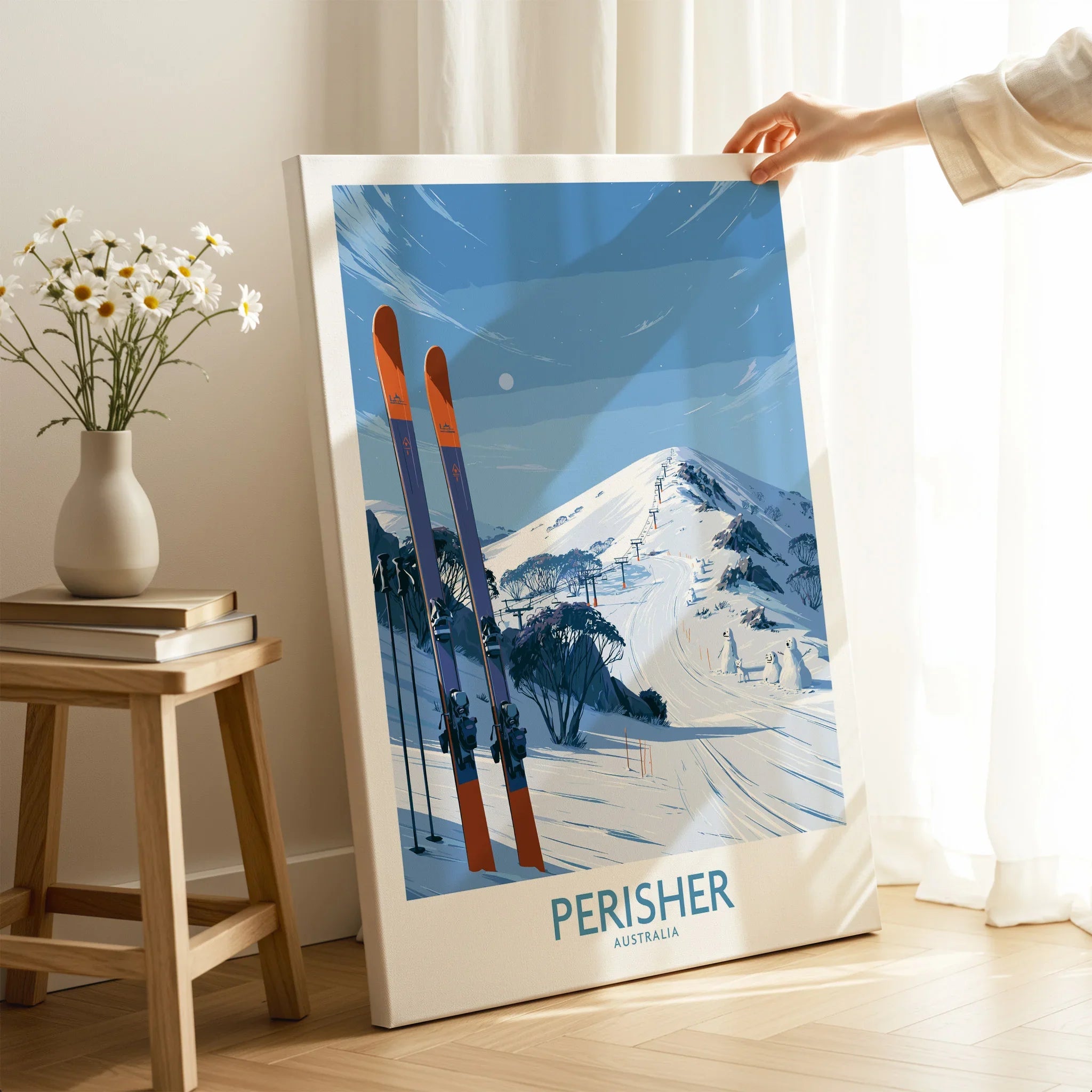 Perisher Australia Ski Slopes Wall Art — canvas print mirror edge hand holding room setting