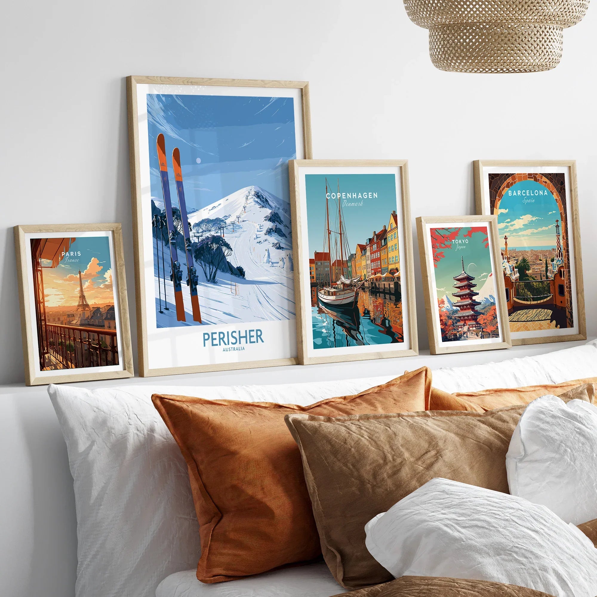 Perisher Australia Ski Slopes Wall Art — set five framed artprints above bed natural wood frames