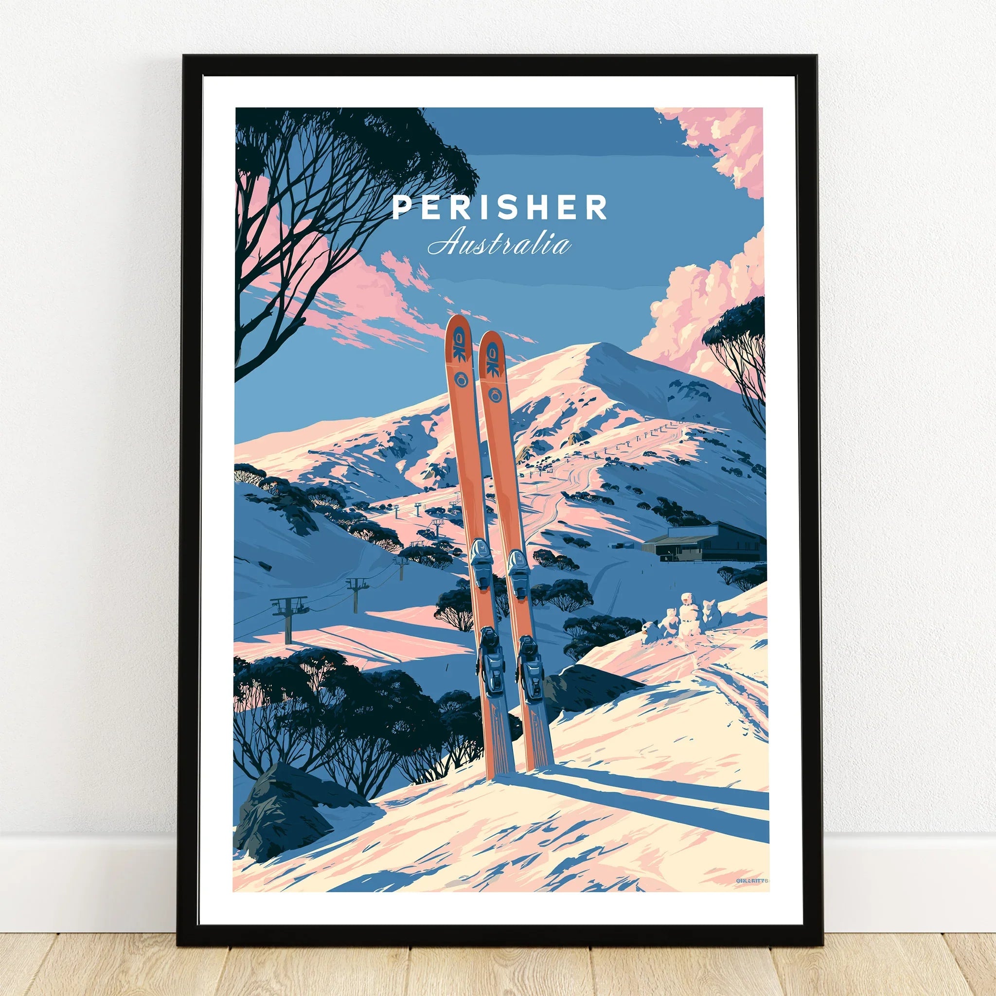 Perisher Australia Alpine Travel Poster — art print in black frame on wooden floor