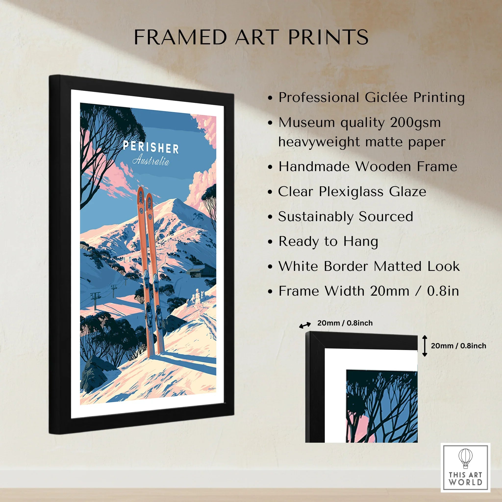 Perisher Australia Alpine Travel Poster — framed print details measurements quality details