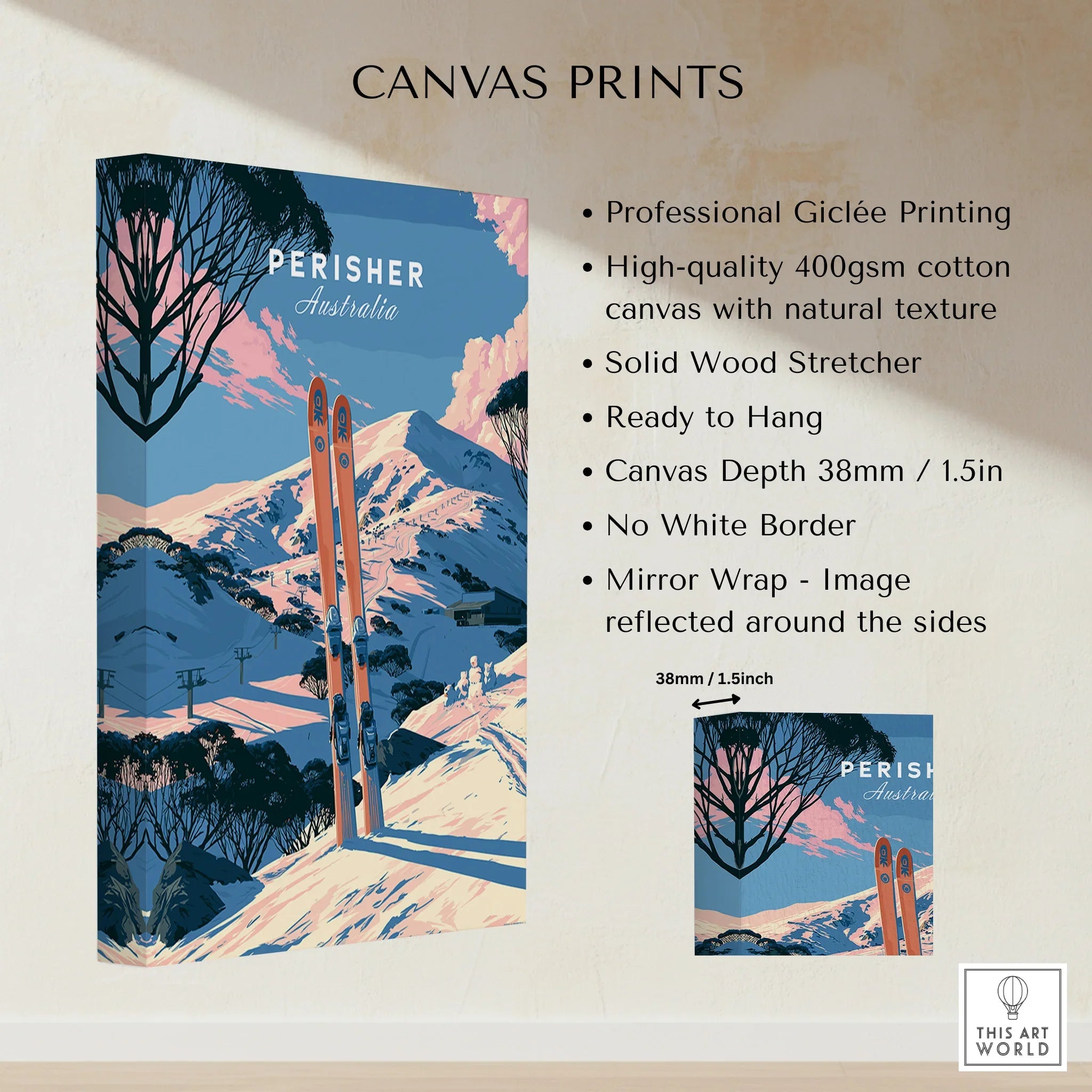 Perisher Australia Alpine Travel Poster — canvas print stretched cotton canvas details