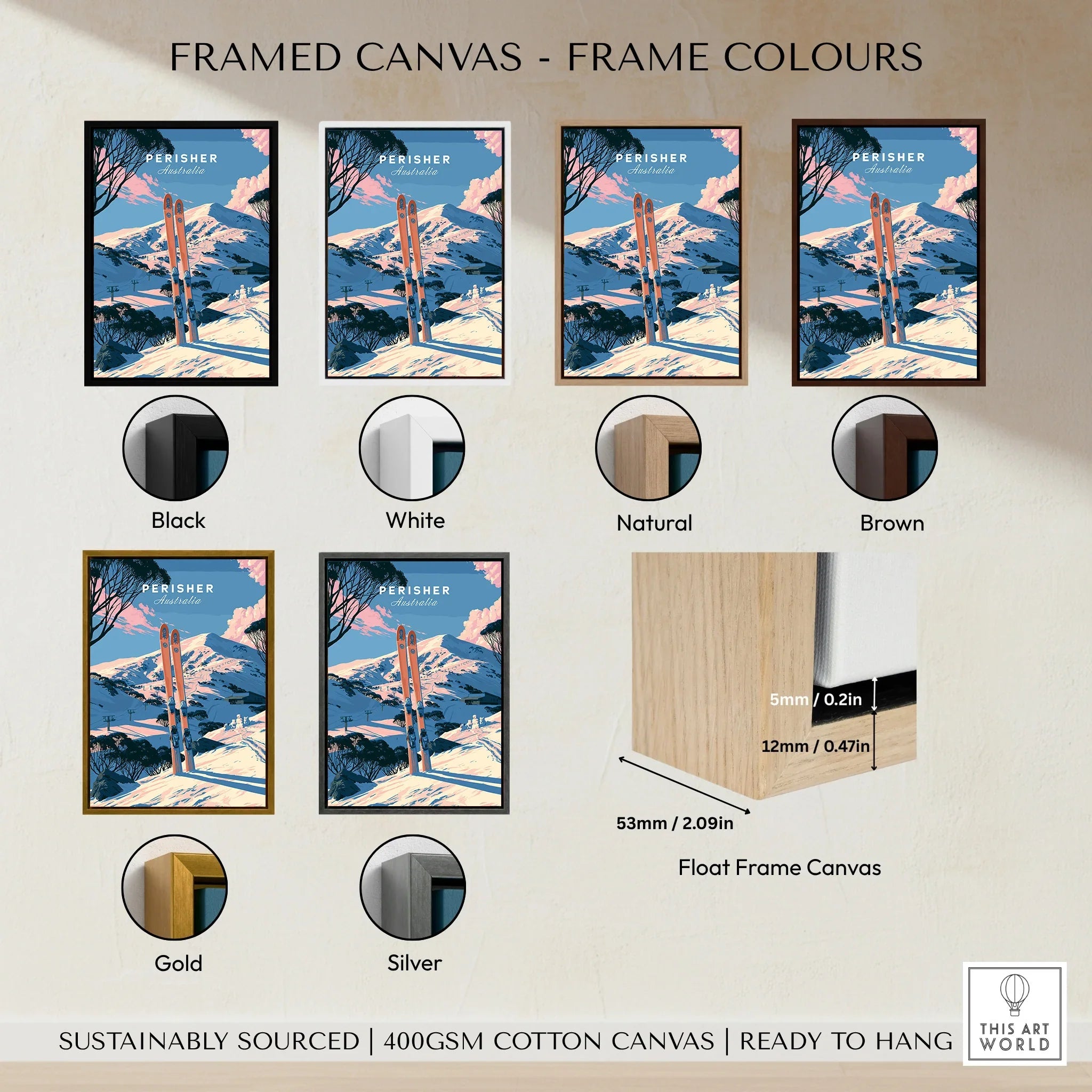 Perisher Australia Alpine Travel Poster — framed canvas float frame colour options