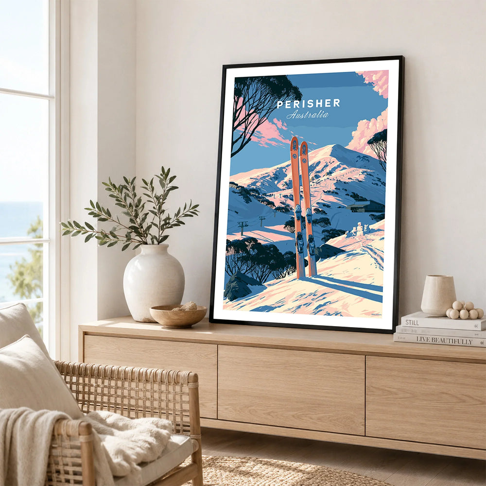 Perisher Australia Alpine Travel Poster — framed artwork living room lifestyle setting